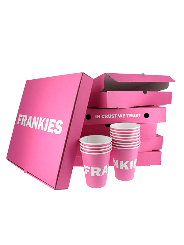 Frankies branded pizza boxes and takeaway cups packaging